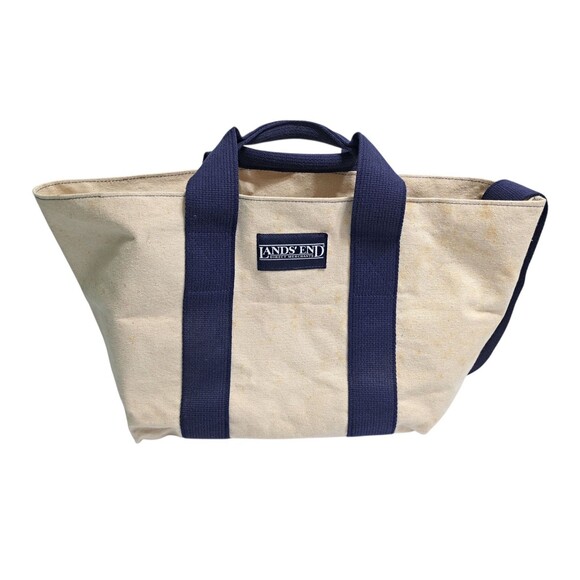 Lands End Expandable Canvas Tote Cream Blue Double Strap Boat Bag Made in USA - Picture 1 of 10